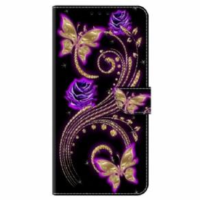 Læder Cover Google Pixel 9 Pro Xl Telefon Etui Violette Blomster Og Sommerfugle