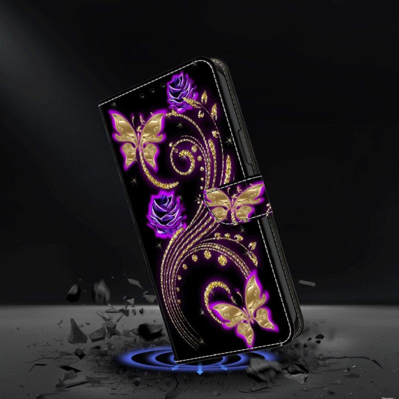 Læder Cover Google Pixel 9 Pro Xl Telefon Etui Violette Blomster Og Sommerfugle