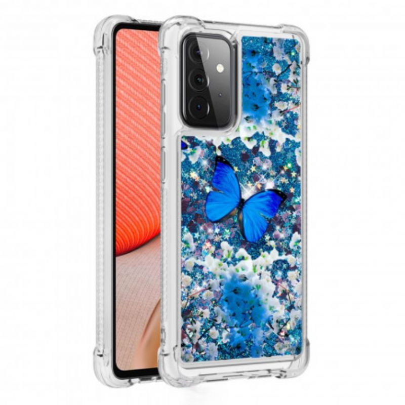 Cover Samsung Galaxy A72 4G / 5G Blå Glitter Sommerfugle