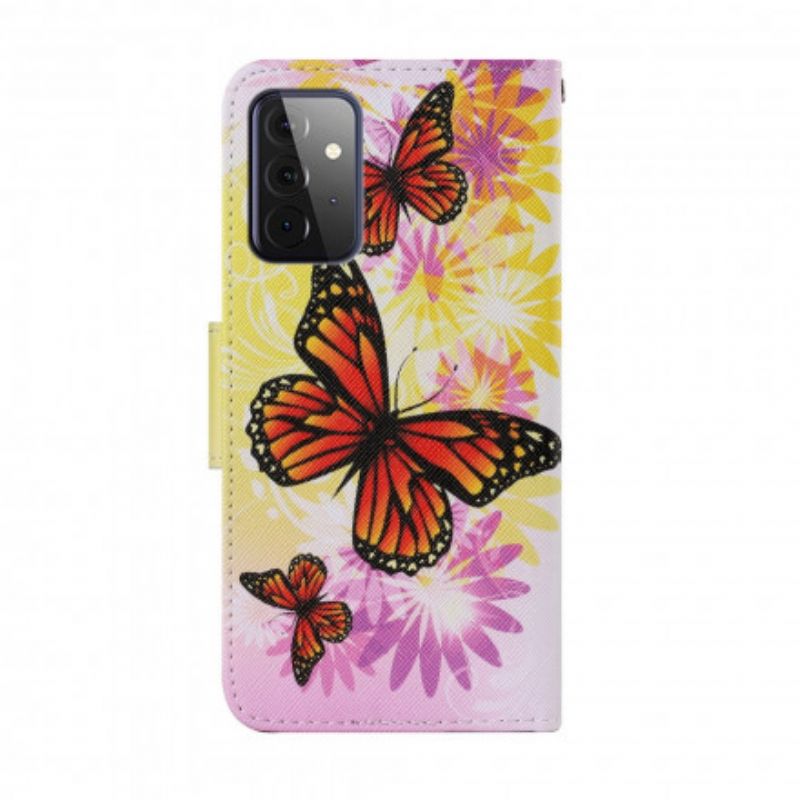 Læder Cover Samsung Galaxy A72 4G / 5G Sommerfugle Og Sommerblomster