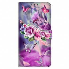 Læder Cover Xiaomi 14 Pro Lilla Sommerfugle Og Blomster