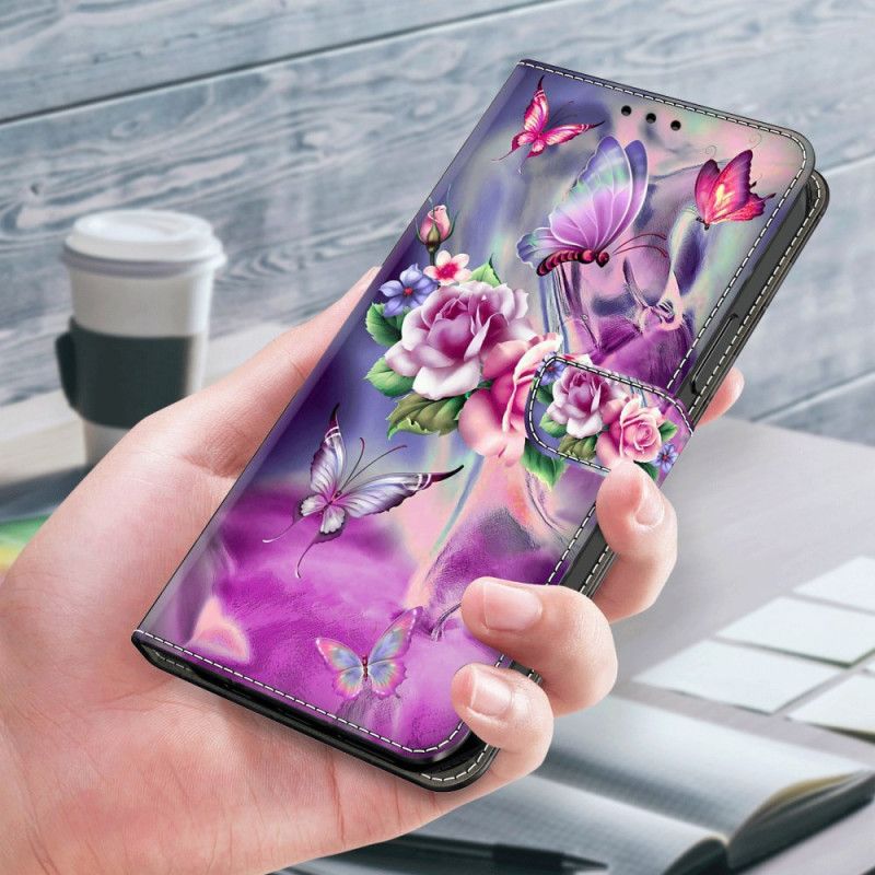 Læder Cover Xiaomi 14 Pro Lilla Sommerfugle Og Blomster