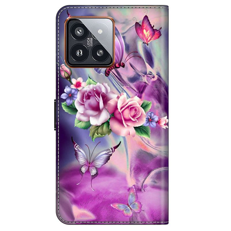 Læder Cover Xiaomi 14 Pro Lilla Sommerfugle Og Blomster