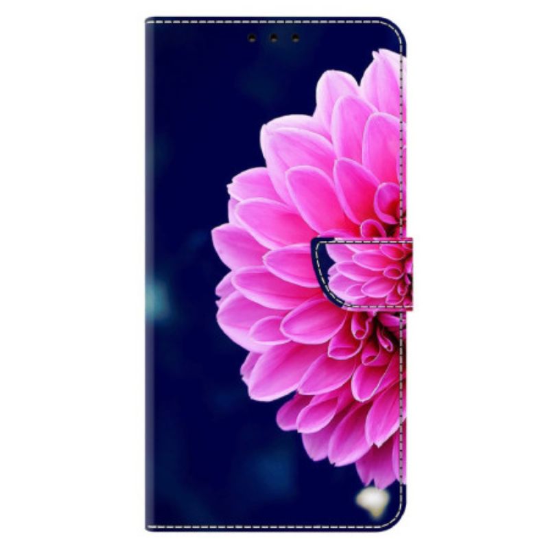 Læder Cover Xiaomi 14 Pro Lyserød Blomst På Blå Baggrund