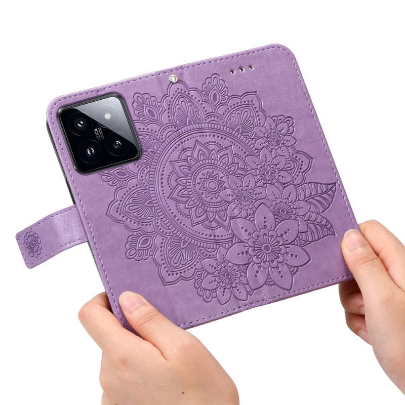 Læder Cover Xiaomi 14 Pro Telefon Etui Blomstermønster Med Rem