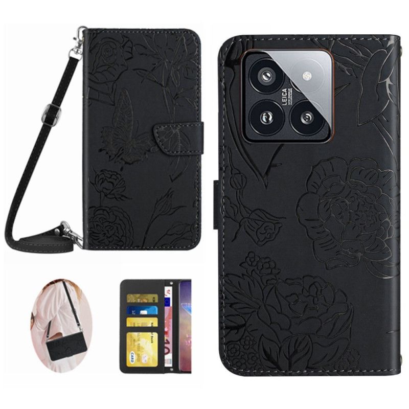 Læder Cover Xiaomi 14 Pro Telefon Etui Sommerfugletryk Skulderrem