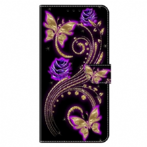 Læder Cover Xiaomi 14 Pro Violette Blomster Og Sommerfugle