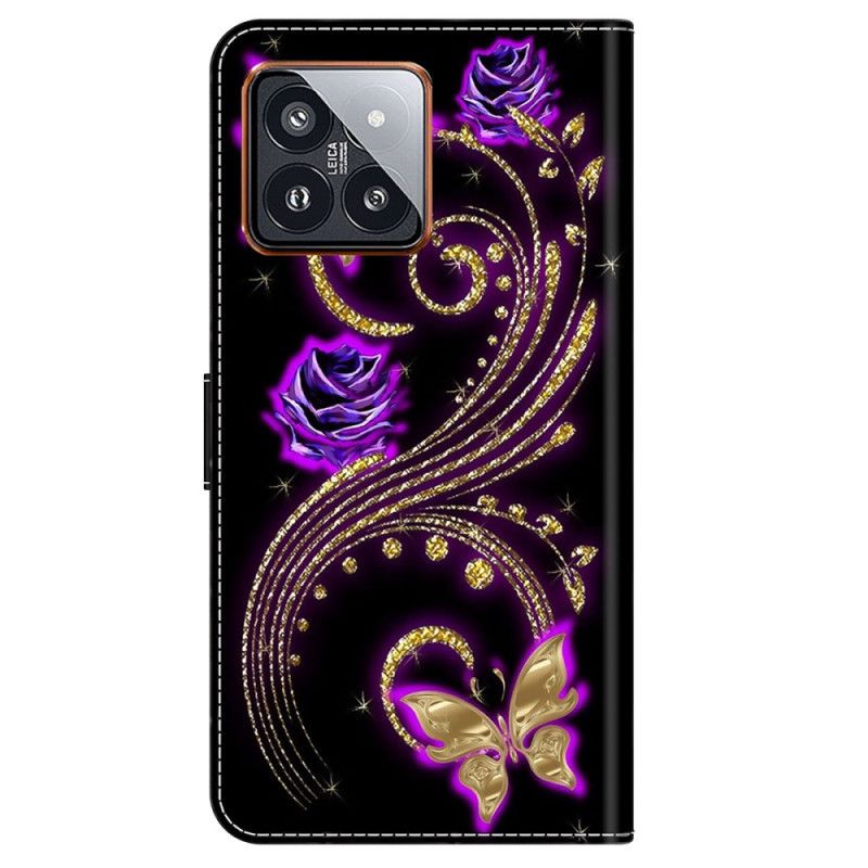 Læder Cover Xiaomi 14 Pro Violette Blomster Og Sommerfugle