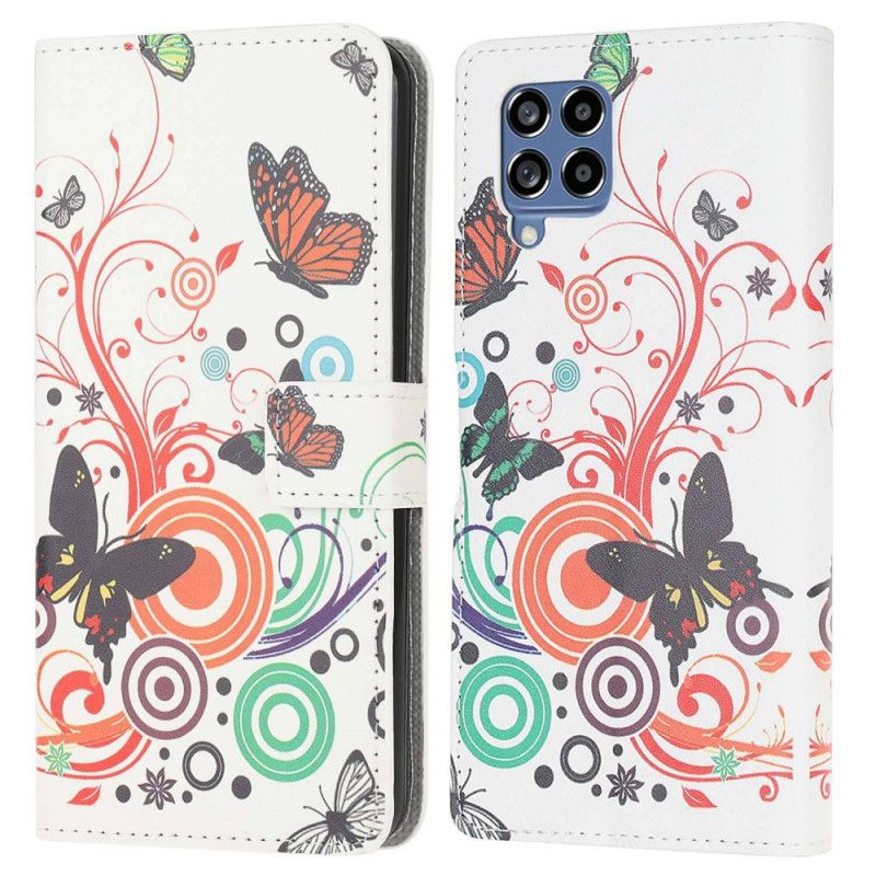 Læder Cover Samsung Galaxy M53 5G Farverige Sommerfugle