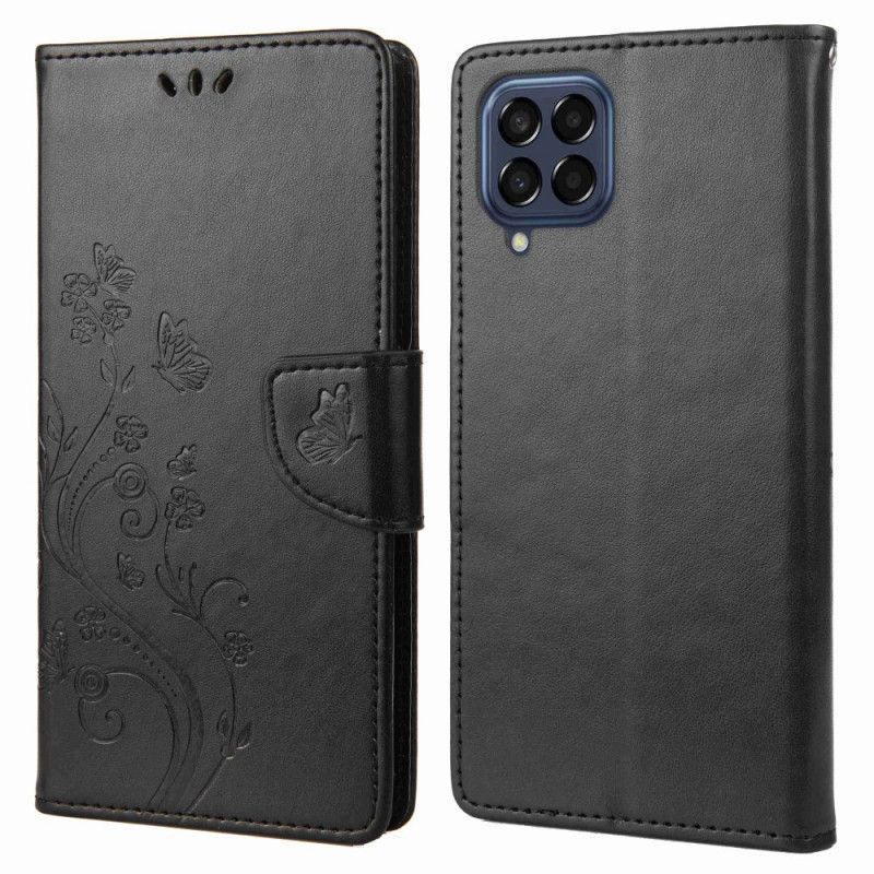 Læder Cover Samsung Galaxy M53 5G Med Snor Thong Blomster