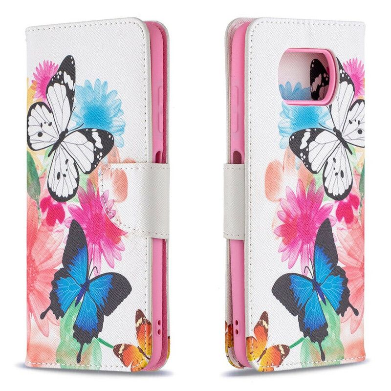 Læder Cover Poco X3 / X3 Pro / X3 NFC Malede Sommerfugle Og Blomster