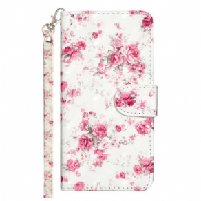 Flip Cover Poco C65 Lyserøde Blomster Med Rem