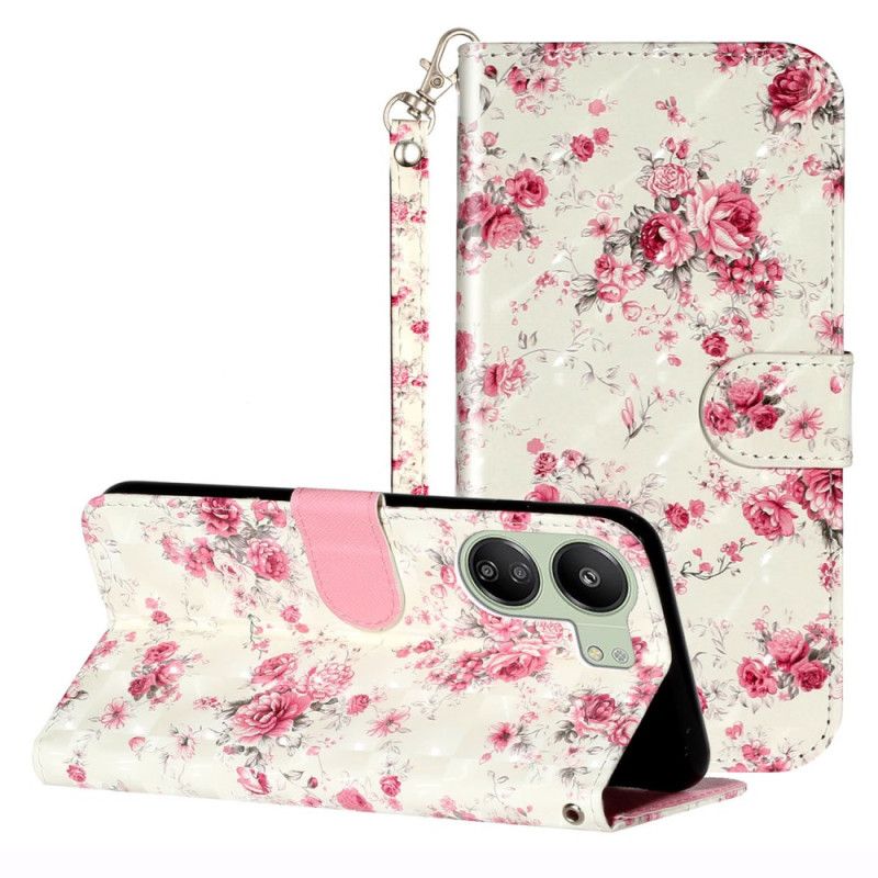 Flip Cover Poco C65 Lyserøde Blomster Med Rem