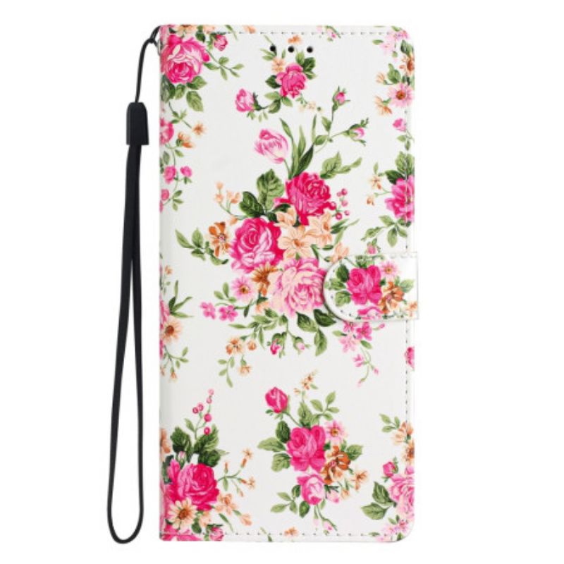 Flip Cover Poco C65 Røde Blomster Med Rem