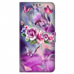 Flip Cover Til Poco C65 Sommerfugle Og Violette Blomster