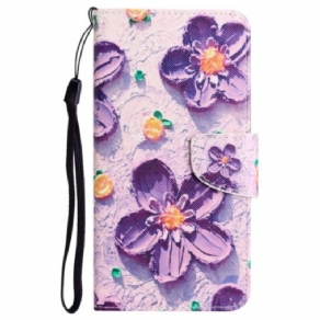 Læder Cover Poco C65 Telefon Etui Lilla Blomster Med Rem