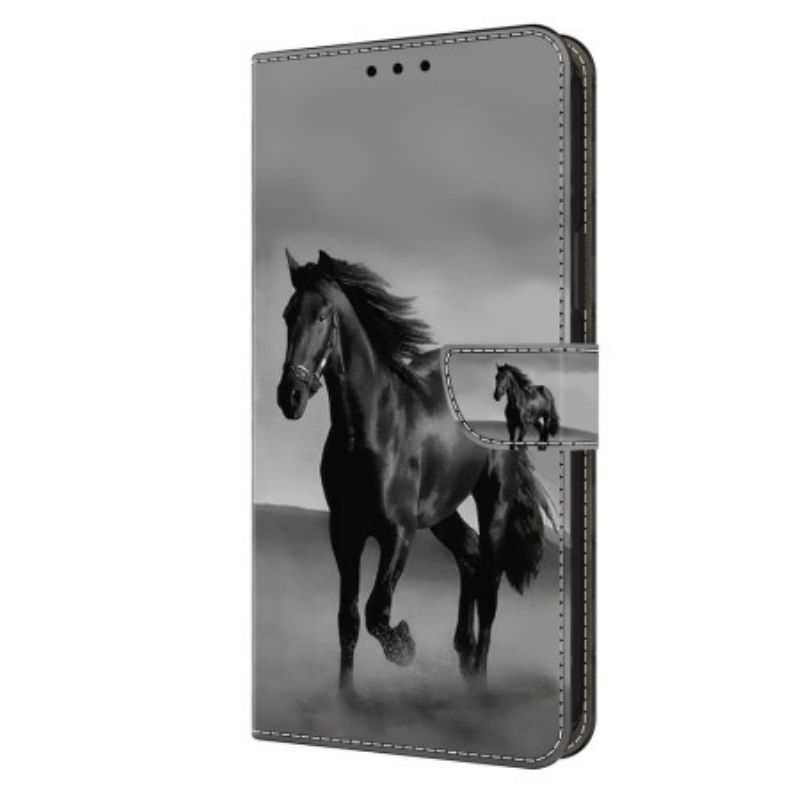 Læder Cover Poco C65 Telefon Etui Sort Hest