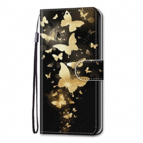 Flip Cover Xiaomi Redmi Note 11 Pro Plus 5G Med Snor Guld Sommerfugle Med Rem