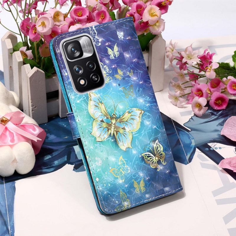 Læder Cover Xiaomi Redmi Note 11 Pro Plus 5G Gyldne Sommerfugle