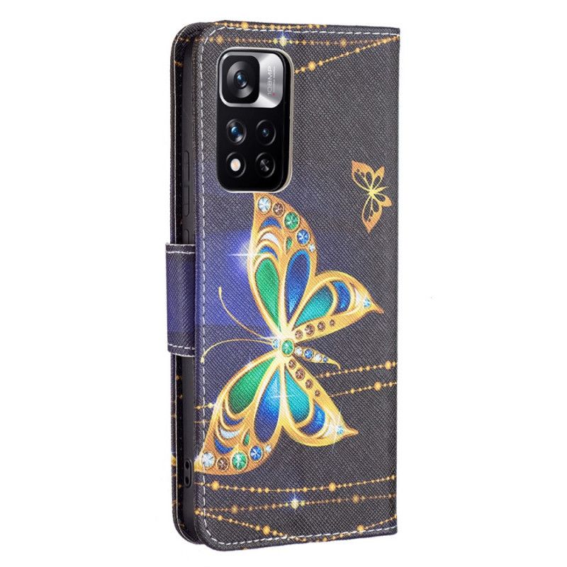 Læder Cover Xiaomi Redmi Note 11 Pro Plus 5G Gyldne Sommerfugle