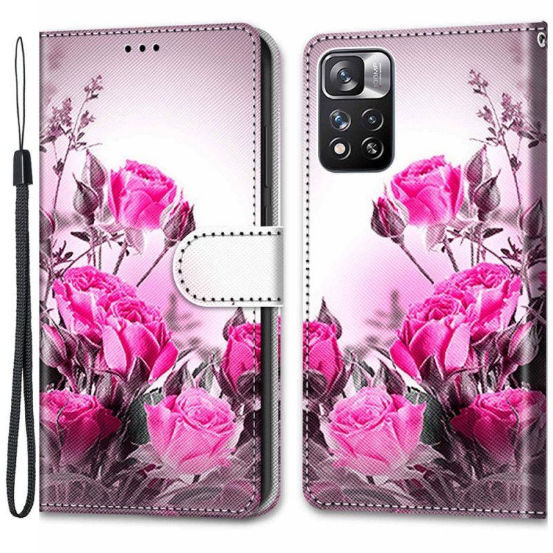 Læder Cover Xiaomi Redmi Note 11 Pro Plus 5G Med Snor Thong Blomster