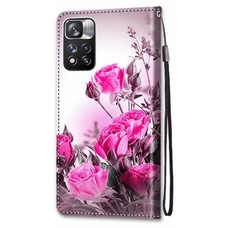 Læder Cover Xiaomi Redmi Note 11 Pro Plus 5G Med Snor Thong Blomster