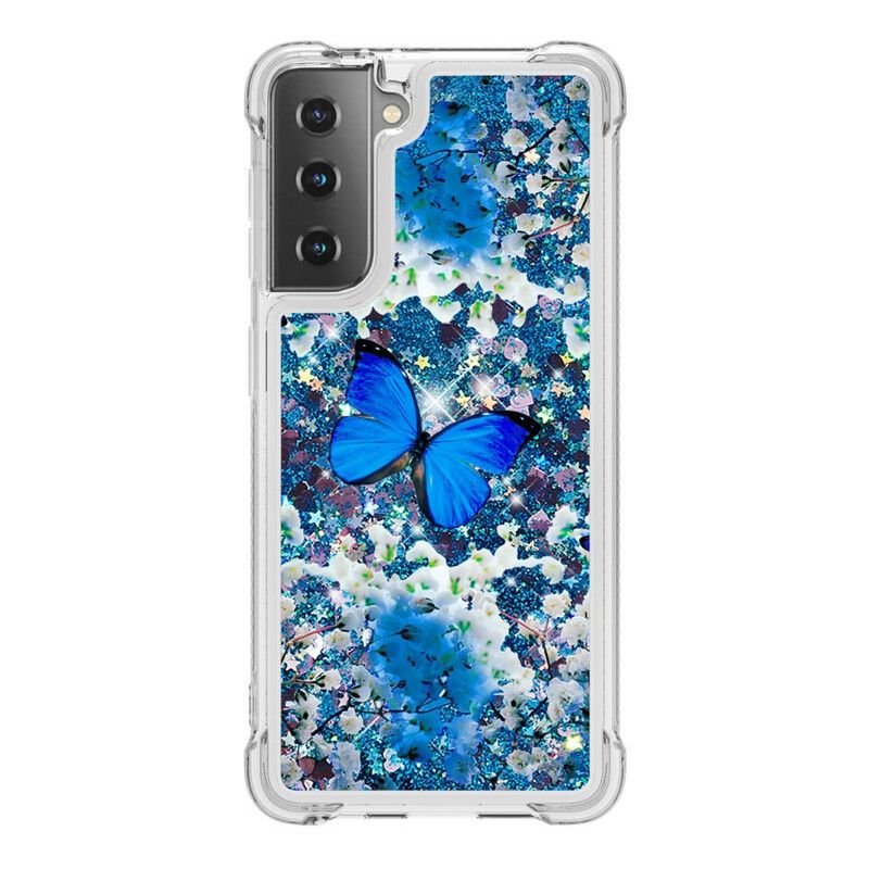 Cover Samsung Galaxy S21 5G Blå Glitter Sommerfugle