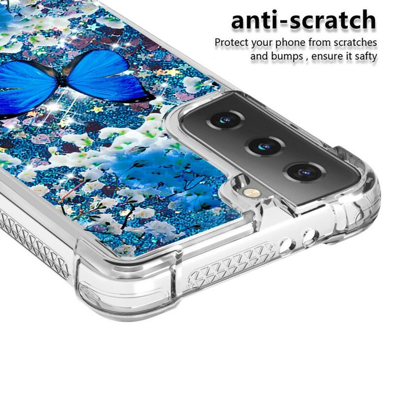 Cover Samsung Galaxy S21 5G Blå Glitter Sommerfugle