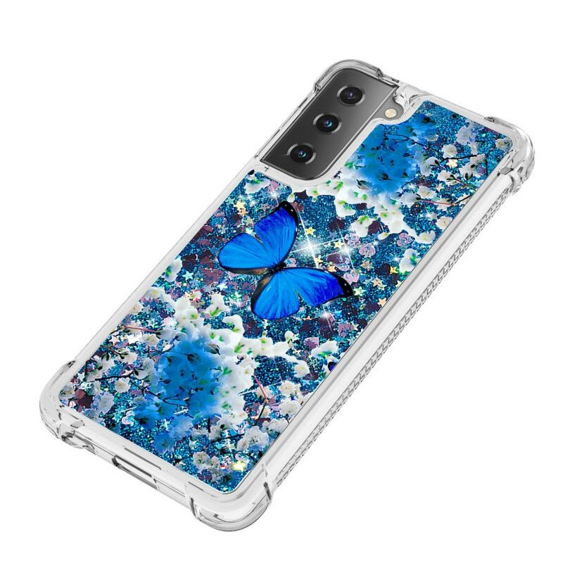 Cover Samsung Galaxy S21 5G Blå Glitter Sommerfugle