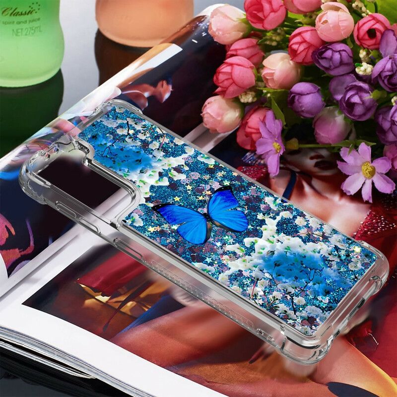 Cover Samsung Galaxy S21 5G Blå Glitter Sommerfugle