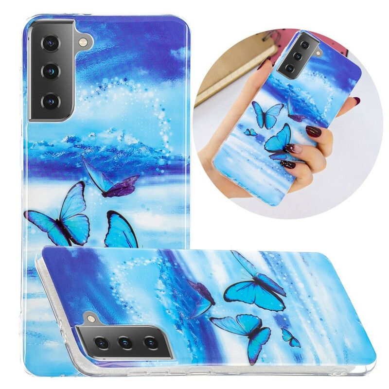 Cover Samsung Galaxy S21 5G Fluorescerende Sommerfugleserie