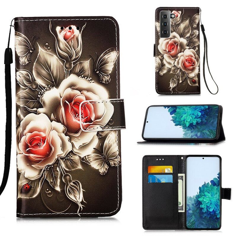 Flip Cover Samsung Galaxy S21 5G Gyldne Roser