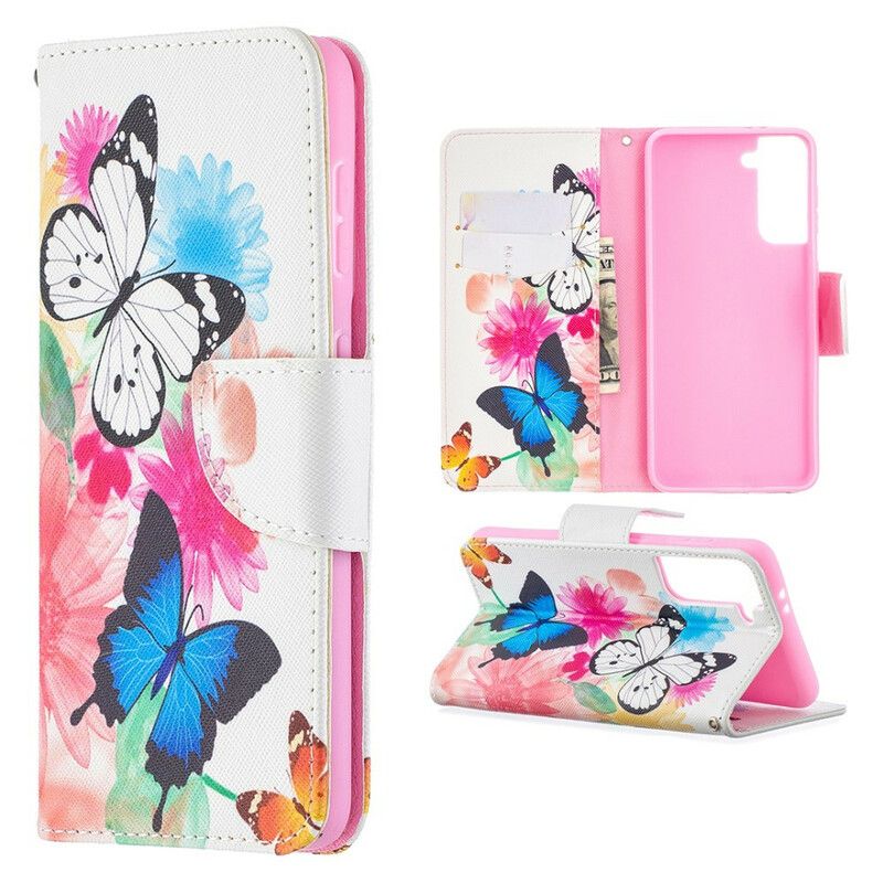 Flip Cover Samsung Galaxy S21 5G Malede Sommerfugle Og Blomster