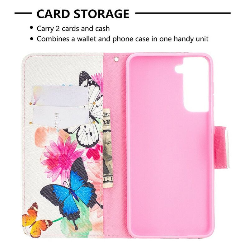 Flip Cover Samsung Galaxy S21 5G Malede Sommerfugle Og Blomster