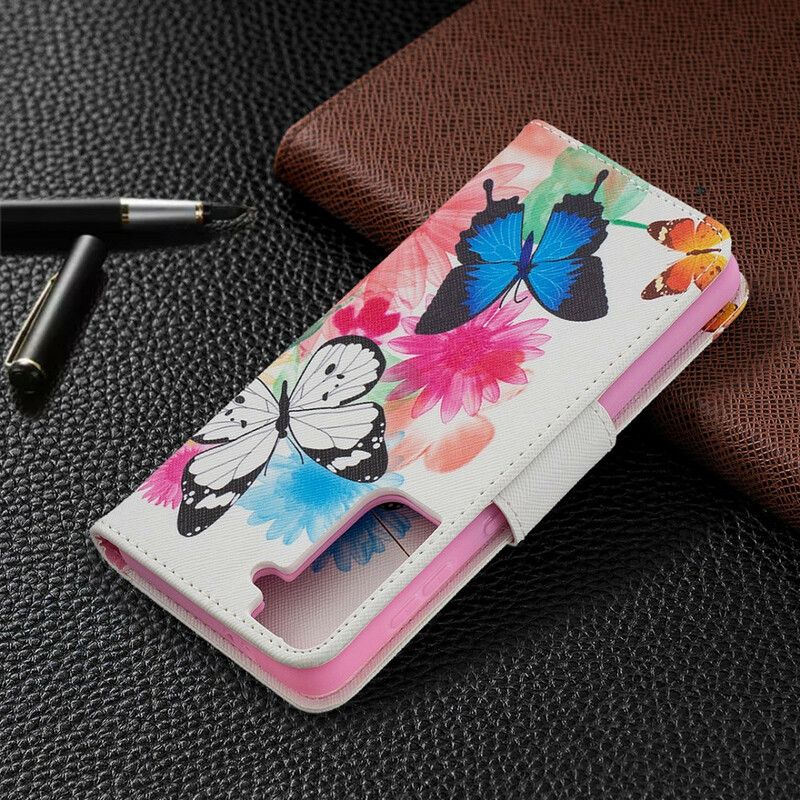 Flip Cover Samsung Galaxy S21 5G Malede Sommerfugle Og Blomster