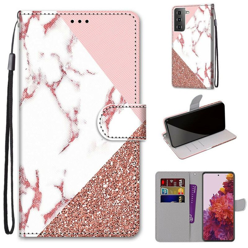 Flip Cover Samsung Galaxy S21 5G Marmor Og Glittertrekant