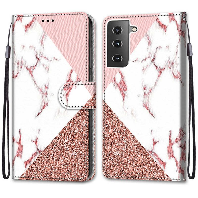 Flip Cover Samsung Galaxy S21 5G Marmor Og Glittertrekant