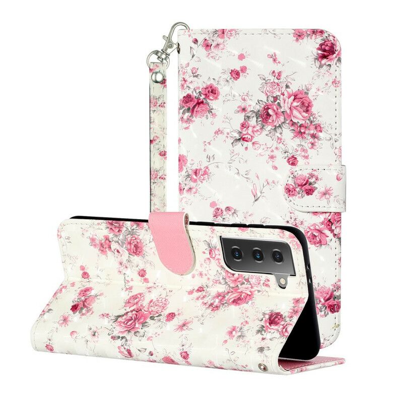 Flip Cover Samsung Galaxy S21 5G Med Snor Blomster Lyspletter Med Rem