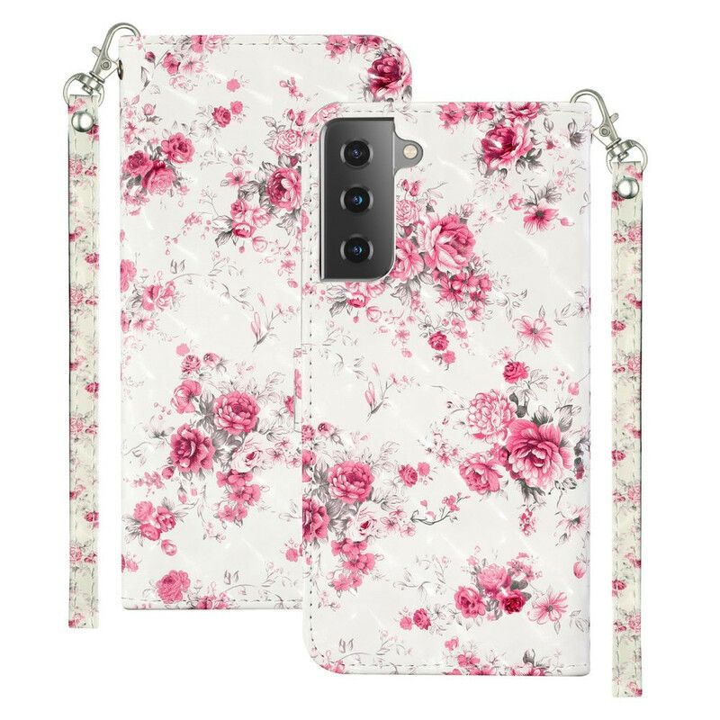 Flip Cover Samsung Galaxy S21 5G Med Snor Blomster Lyspletter Med Rem