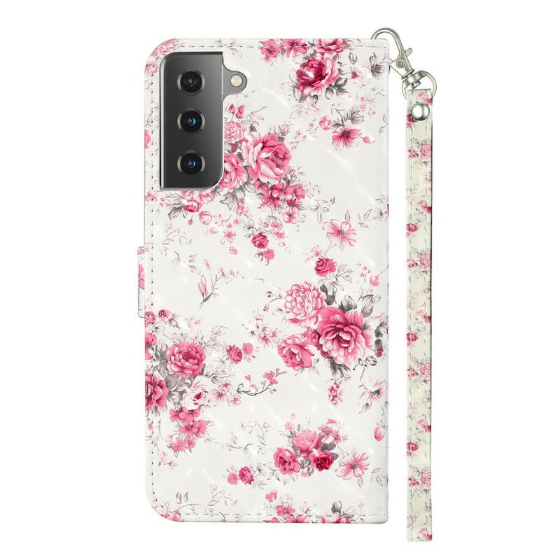 Flip Cover Samsung Galaxy S21 5G Med Snor Blomster Lyspletter Med Rem