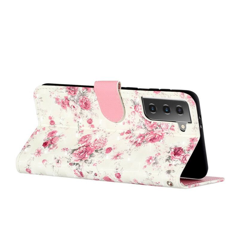 Flip Cover Samsung Galaxy S21 5G Med Snor Blomster Lyspletter Med Rem