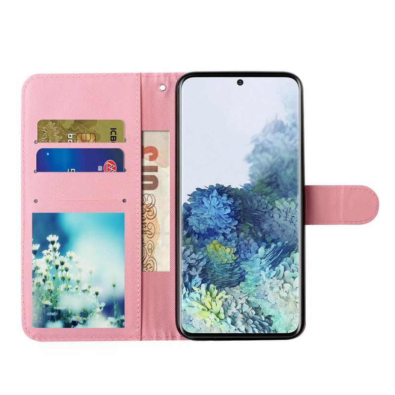 Flip Cover Samsung Galaxy S21 5G Med Snor Blomster Lyspletter Med Rem