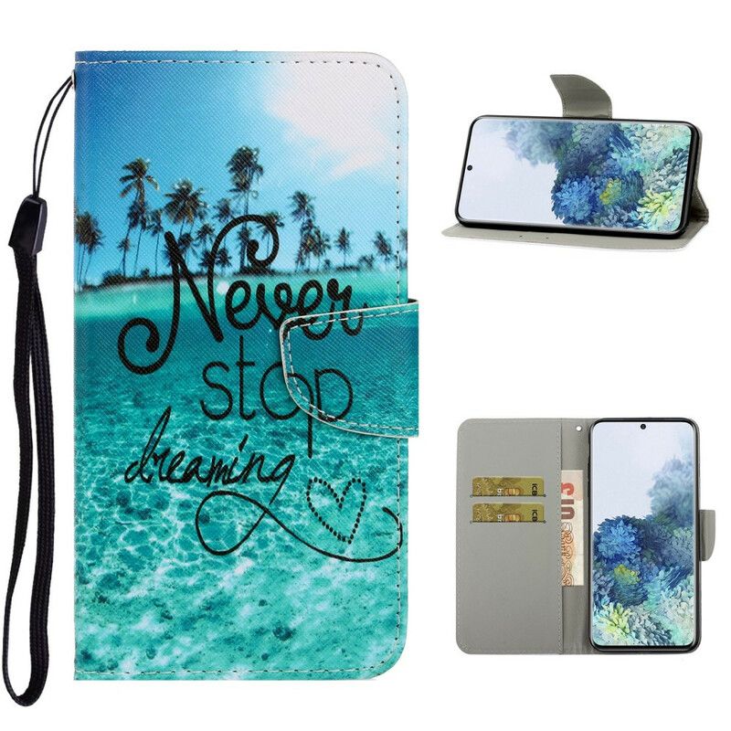 Flip Cover Samsung Galaxy S21 5G Med Snor Hold Aldrig Op Med At Drømme Navy Strappy