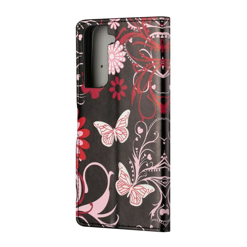 Flip Cover Samsung Galaxy S21 5G Sommerfugle Og Blomster