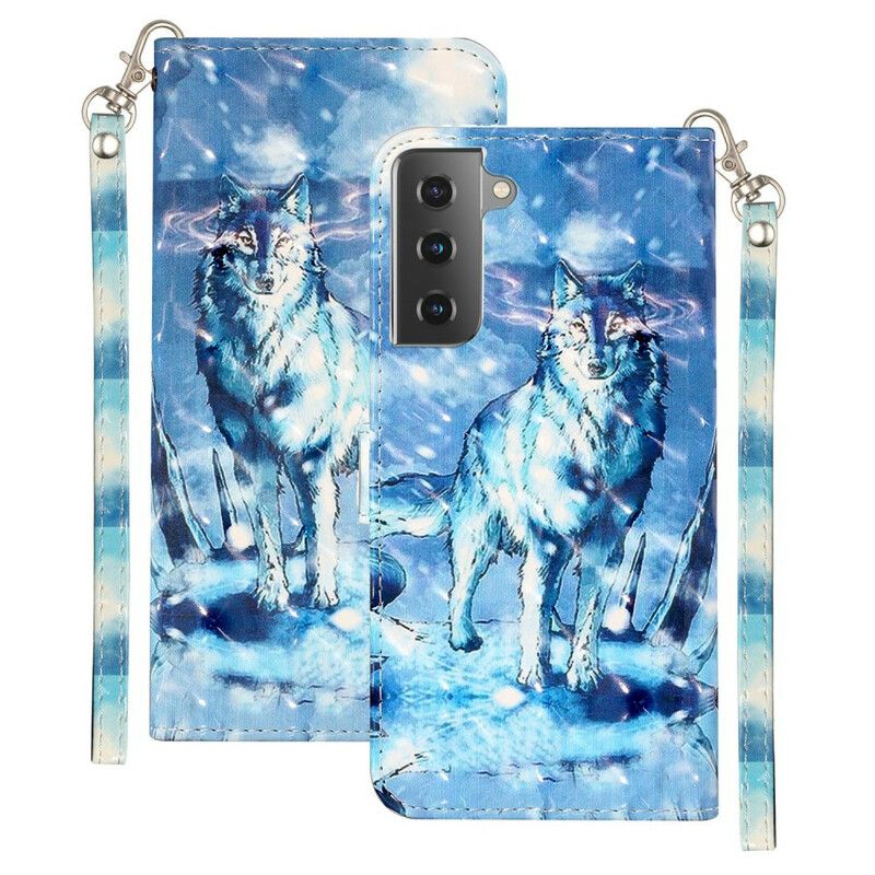 Læder Cover Samsung Galaxy S21 5G Med Snor Wolf Light Strap Spotlights