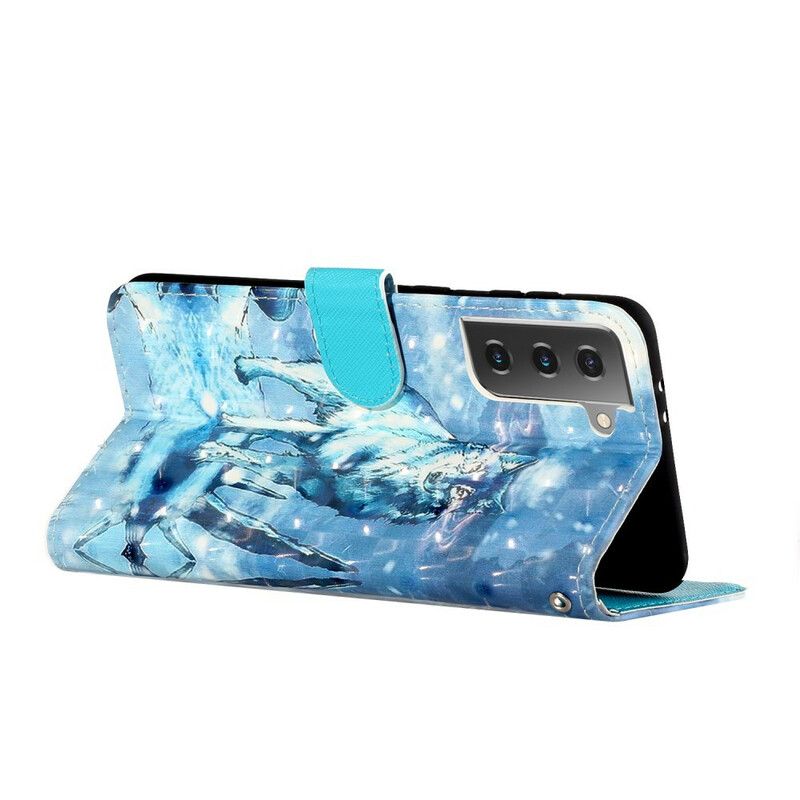 Læder Cover Samsung Galaxy S21 5G Med Snor Wolf Light Strap Spotlights