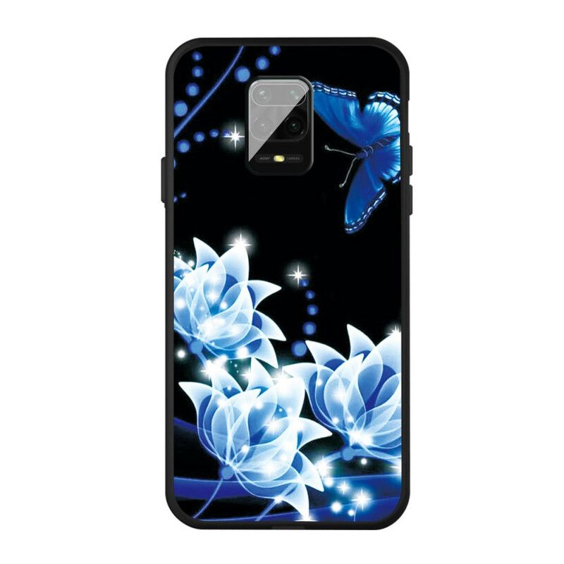 Cover Xiaomi Redmi Note 9S / Note 9 Pro Sommerfugl Og Blå Blomster