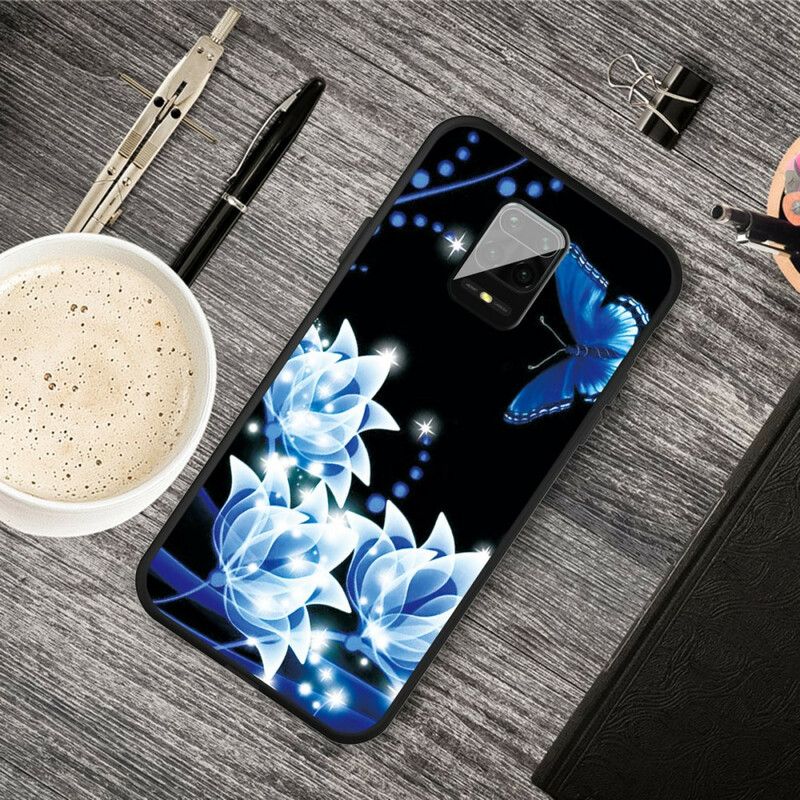 Cover Xiaomi Redmi Note 9S / Note 9 Pro Sommerfugl Og Blå Blomster