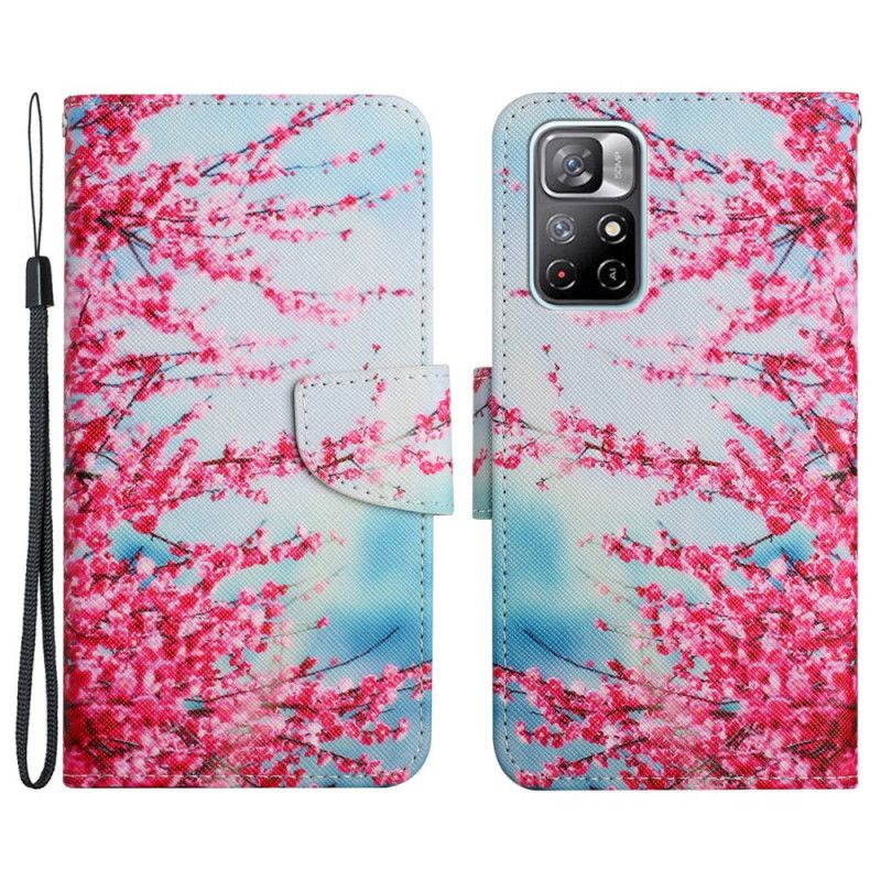 Flip Cover Poco M4 Pro 5G Med Snor Blomstrende Gren Med Rem