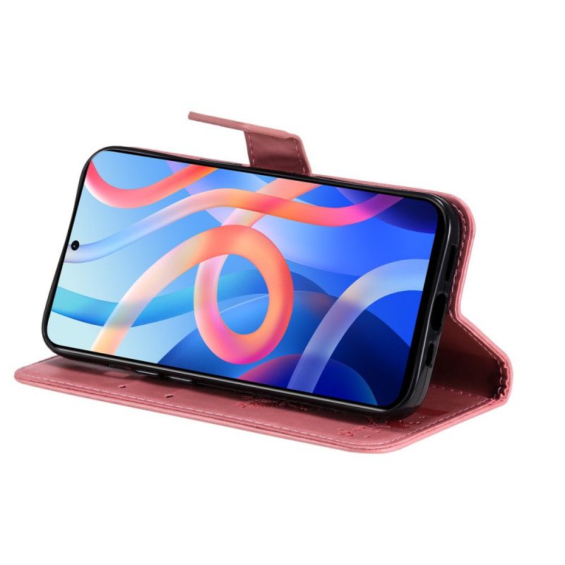 Flip Cover Poco M4 Pro 5G Med Snor Træ Og Strappy Cat